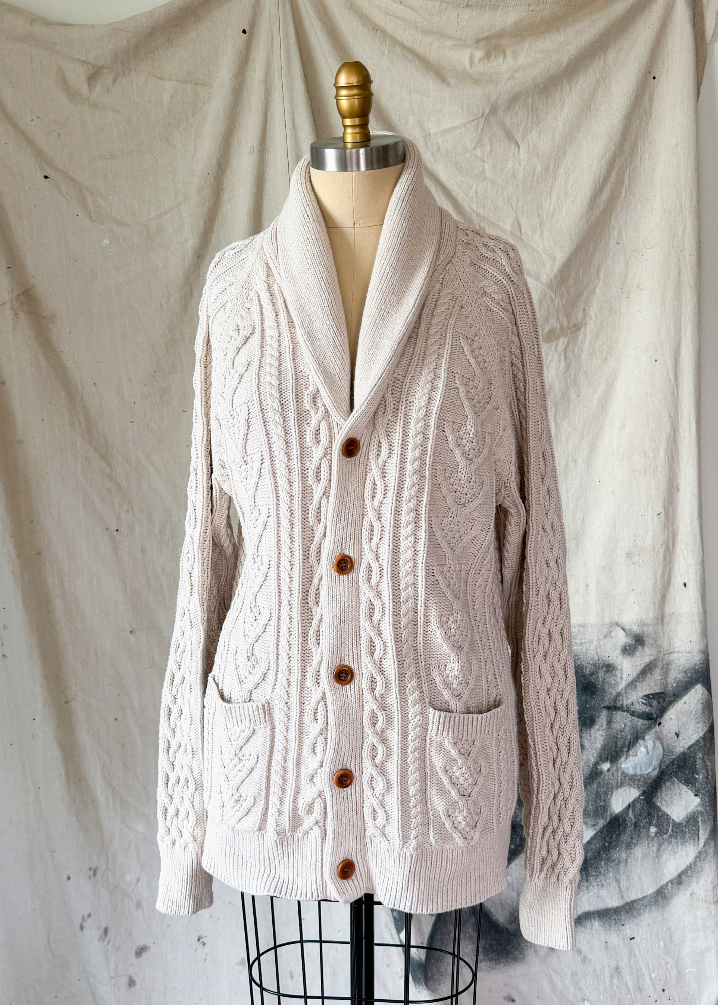 J.Crew Men's Cream Beige Cotton Fisherman Shawl Collar Button Cardigan Sweater (L)