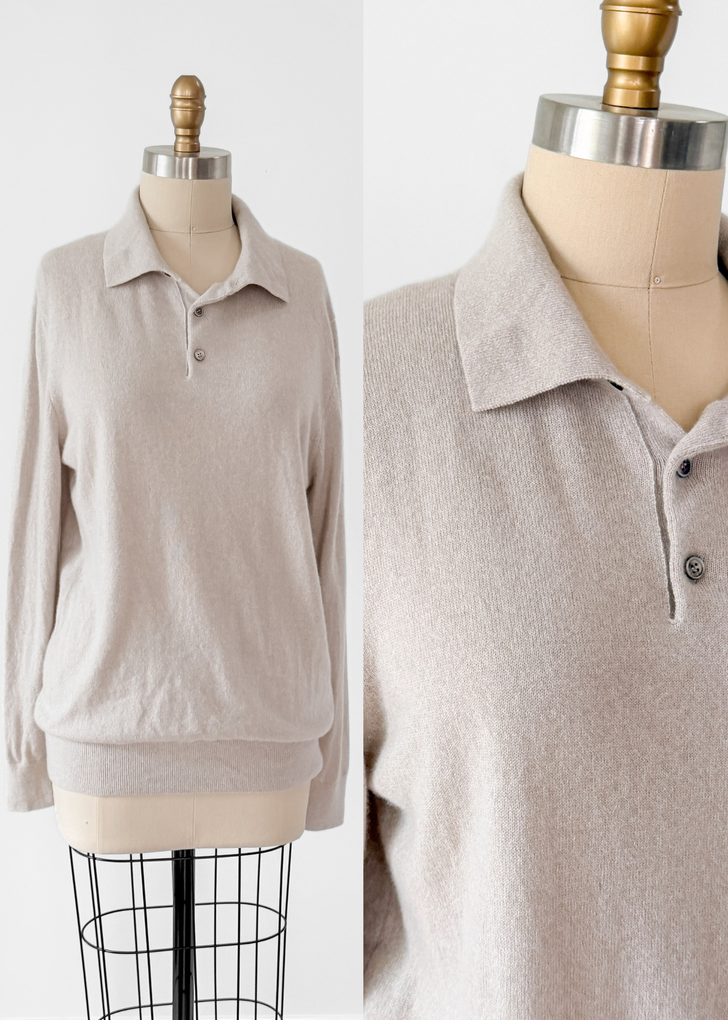 Quince Men's Mongolian Cashmere Knit Polo Sweater Top in Heathered Cloud Beige