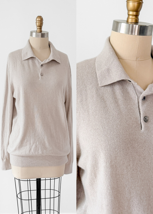 Quince Men's Mongolian Cashmere Knit Polo Sweater Top in Heathered Cloud Beige