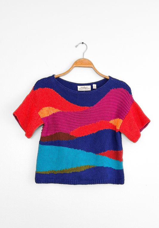 Vintage Ellen Tracy Colorful Sunset Handknit Short Sleeve Top (S)