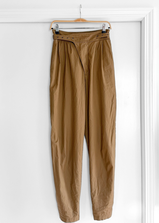 Vintage 90s Liz Claiborne Khaki Brown Buckle Waist Tapered Snap Ankle Cotton Pants