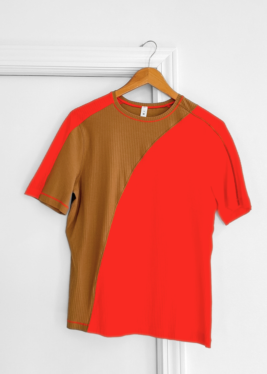 Lululemon Asymmetrical Ribbed Cotton T-Shirt in Solar Orange and Beige (XL)