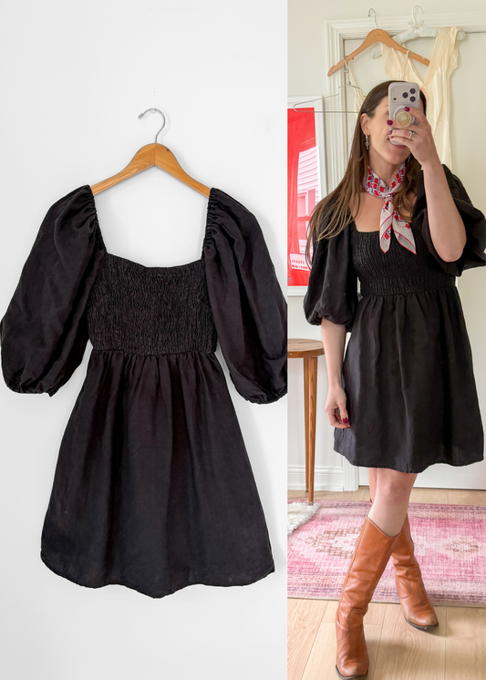 Tuckernuck Annie Linen Smocked Balloon Sleeve Black Dress (S)