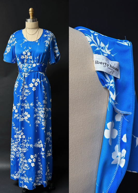 Vintage 70s Liberty House Hawaii Blue Floral Maxi Dress (M)