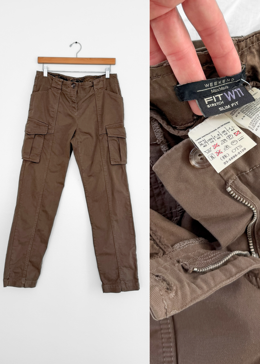 Max Mara Weekend FIT W11 Slim Fit Cargo Pants Olive Brown Cotton Womens (US 10)