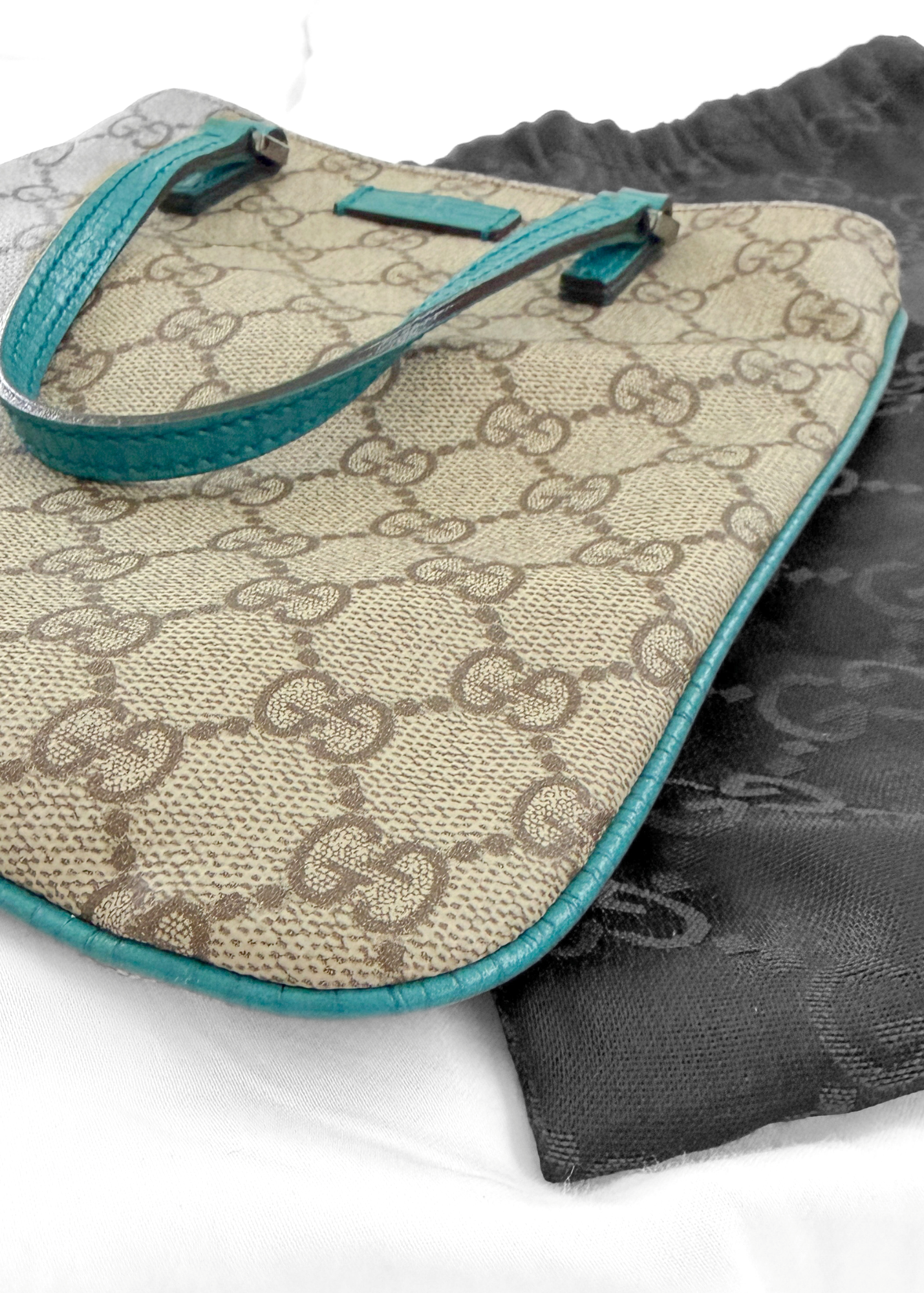 *Rare* Vintage Gucci GG Supreme Mini Handbag PVC Leather Beige Teal Turquoise Blue Trim Purse