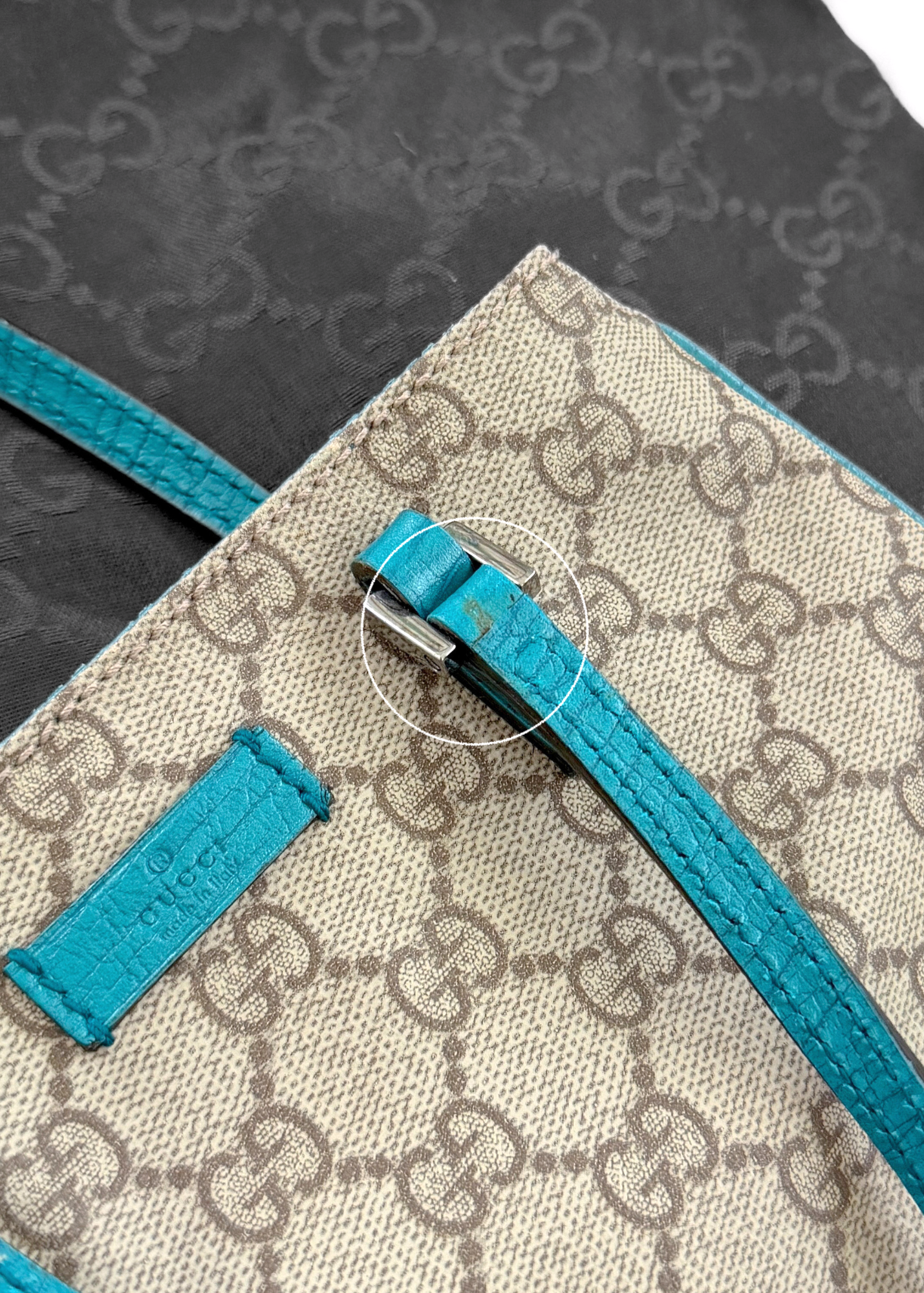 *Rare* Vintage Gucci GG Supreme Mini Handbag PVC Leather Beige Teal Turquoise Blue Trim Purse