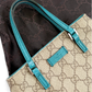 *Rare* Vintage Gucci GG Supreme Mini Handbag PVC Leather Beige Teal Turquoise Blue Trim Purse