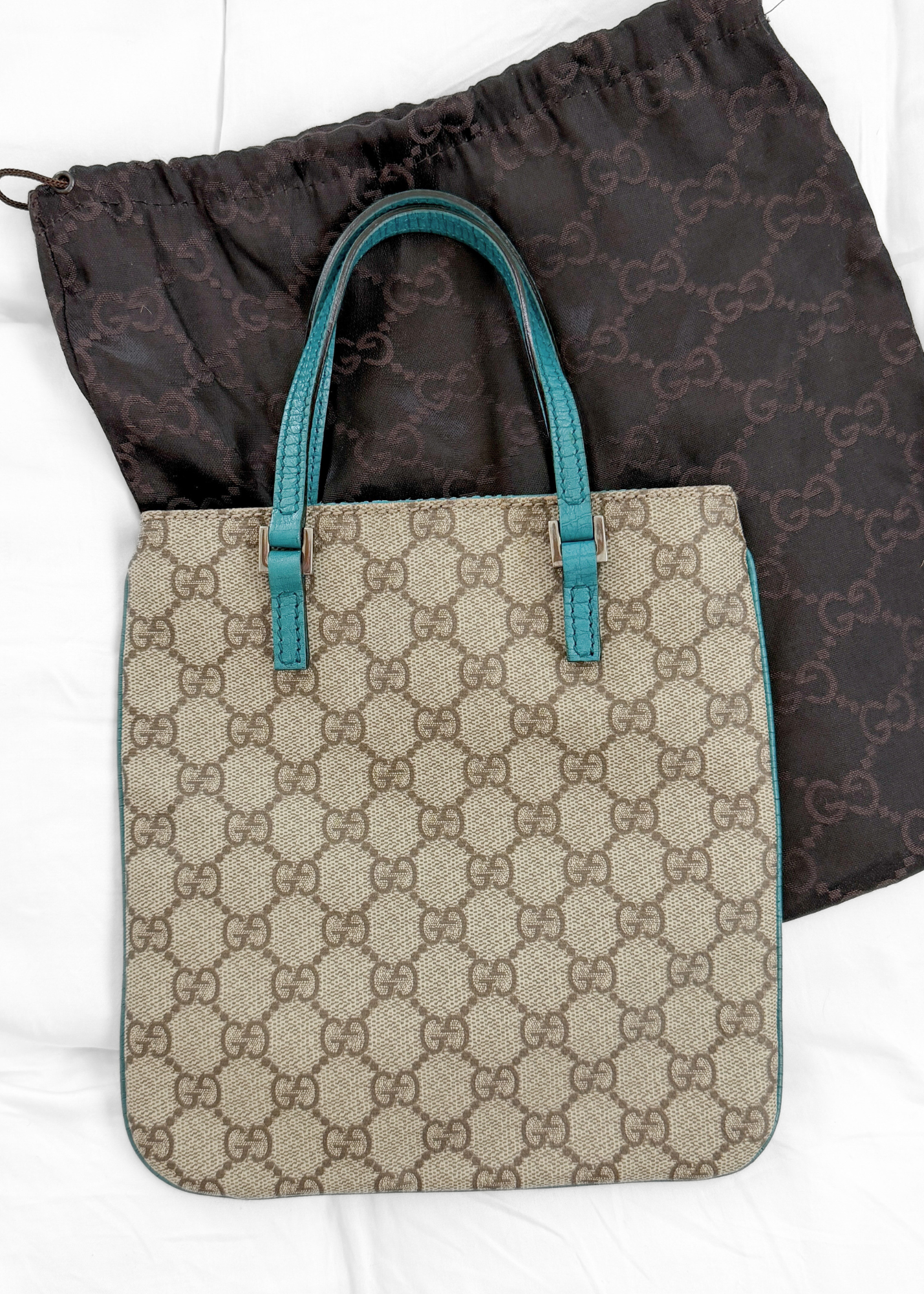 *Rare* Vintage Gucci GG Supreme Mini Handbag PVC Leather Beige Teal Turquoise Blue Trim Purse