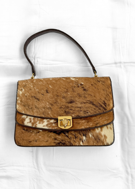 Vintage Calf Pony Hair Top Handle Brown Leather Handbag | Mid-Century Made in Mexico Purse