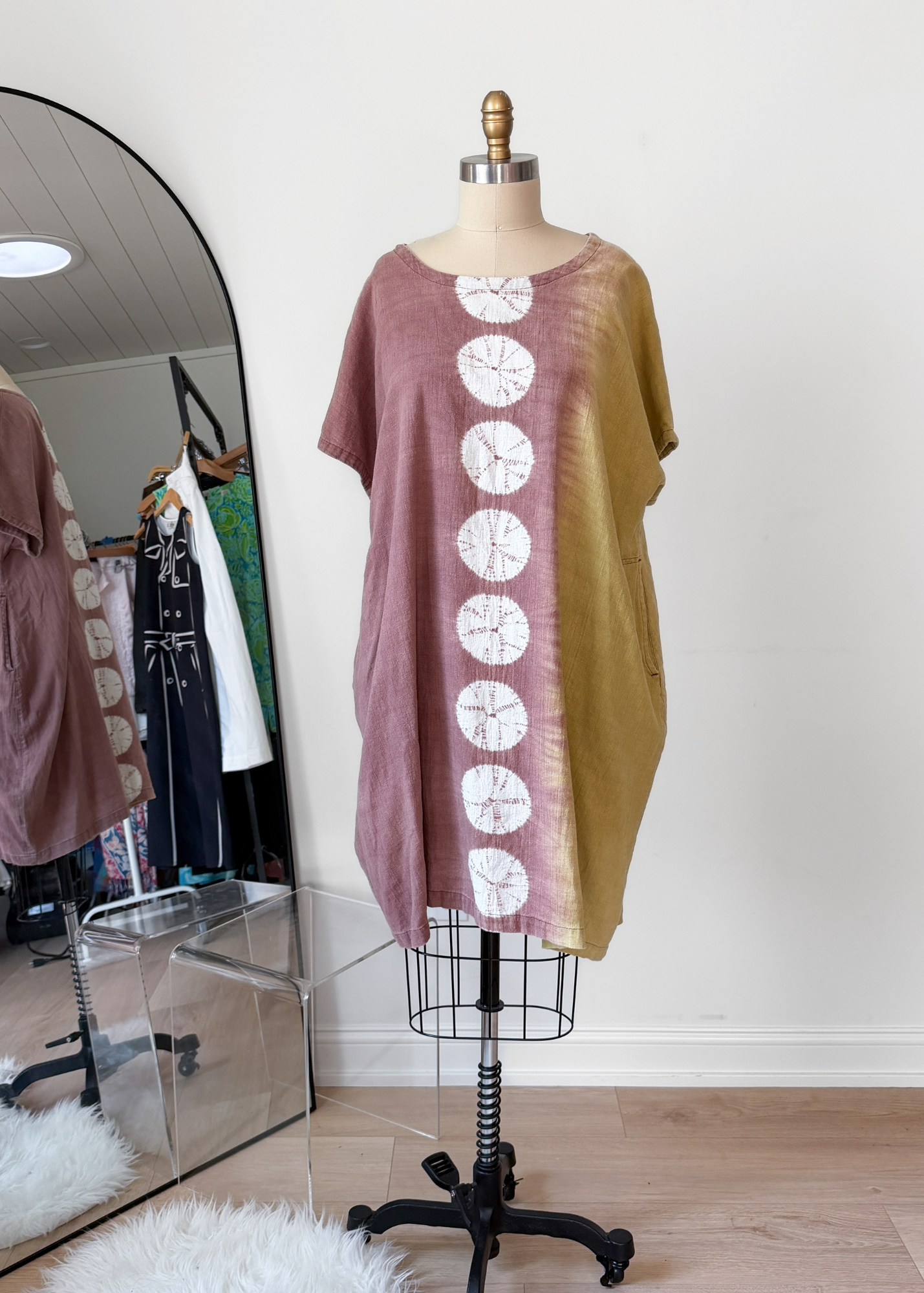 Moyuru Linen Blend Japanese Designer  Shibori Pocket Tunic Dress (M)