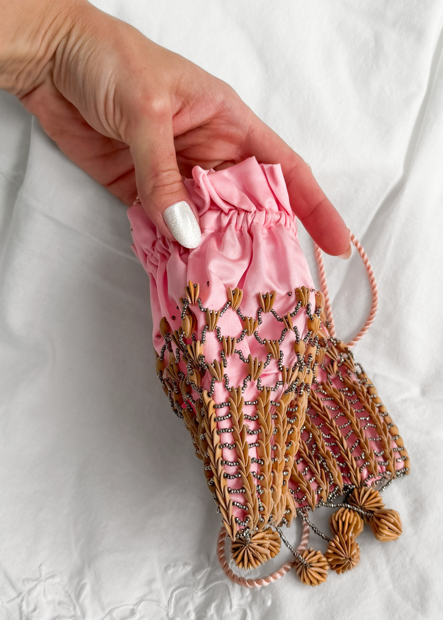 Vintage 20s-40s Pink Satin Beaded Drawstring Evening Bag Wood Bead Fringe Purse