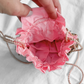 Vintage 20s-40s Pink Satin Beaded Drawstring Evening Bag Wood Bead Fringe Purse