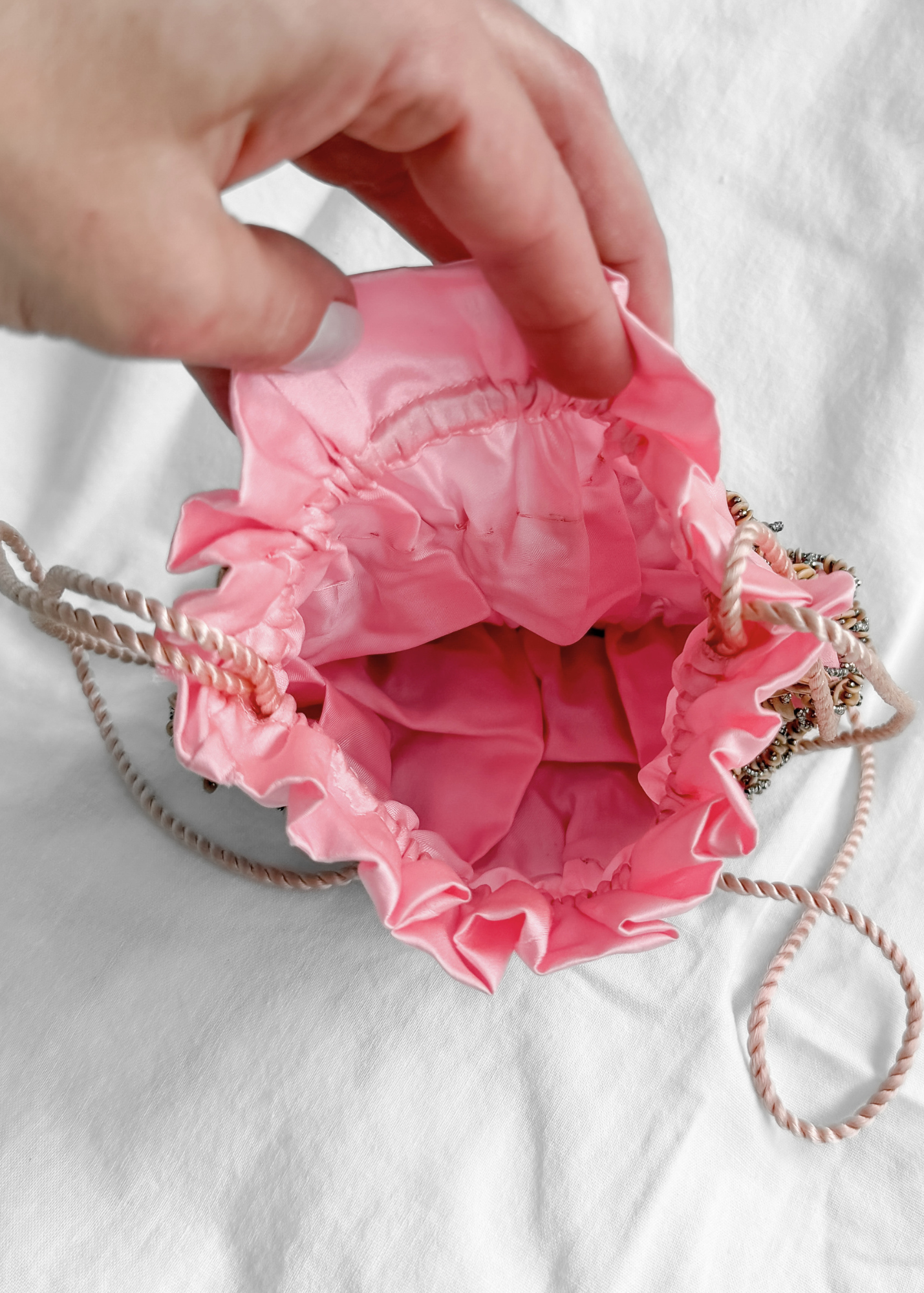 Vintage 20s-40s Pink Satin Beaded Drawstring Evening Bag Wood Bead Fringe Purse