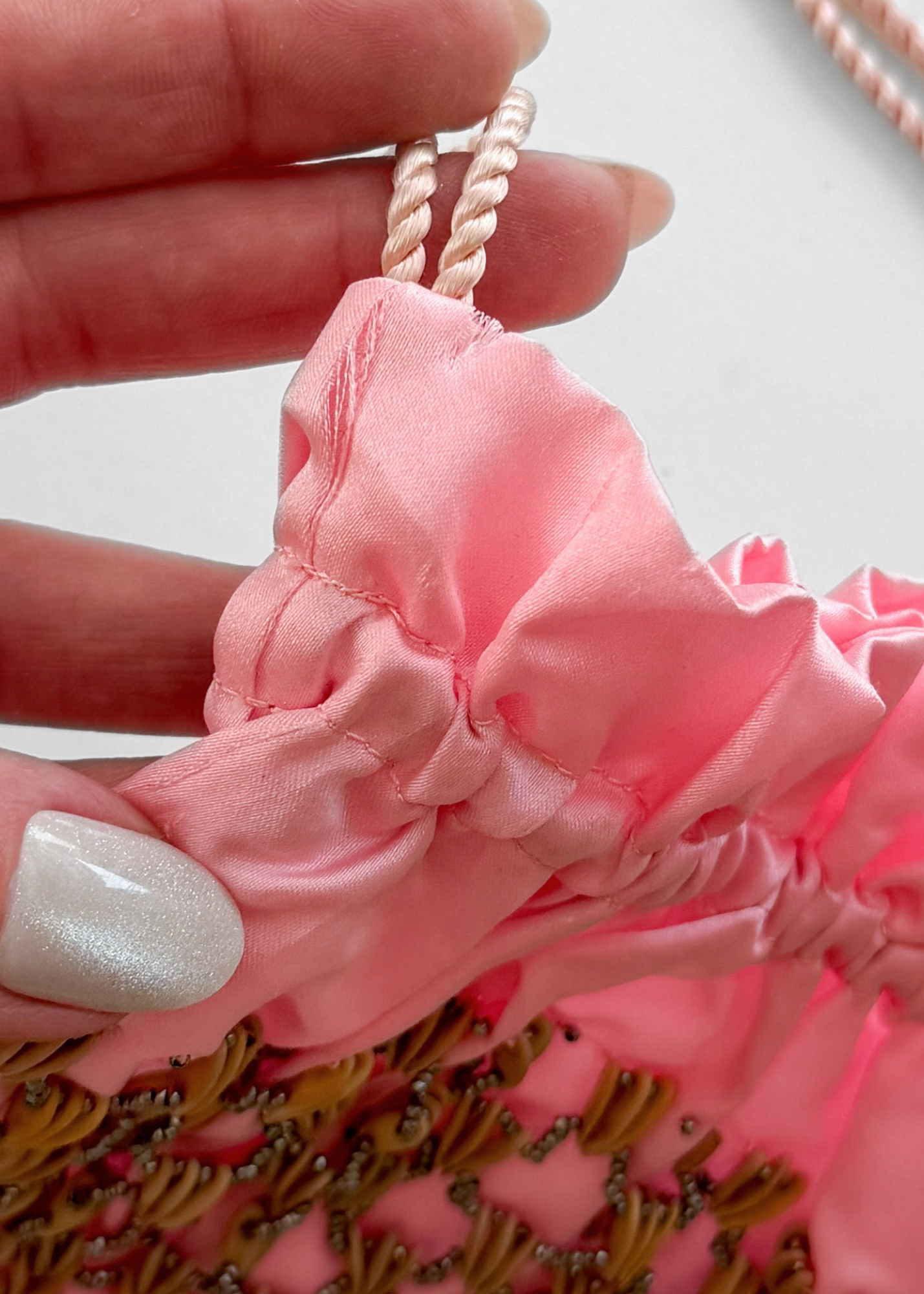 Vintage 20s-40s Pink Satin Beaded Drawstring Evening Bag Wood Bead Fringe Purse