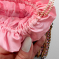 Vintage 20s-40s Pink Satin Beaded Drawstring Evening Bag Wood Bead Fringe Purse