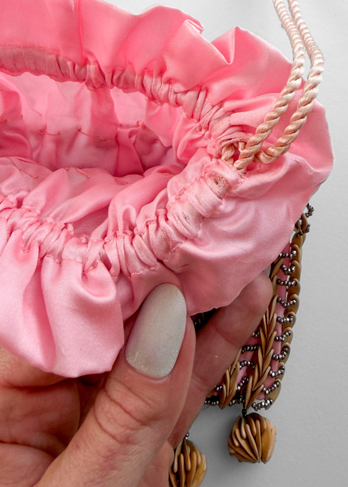 Vintage 20s-40s Pink Satin Beaded Drawstring Evening Bag Wood Bead Fringe Purse