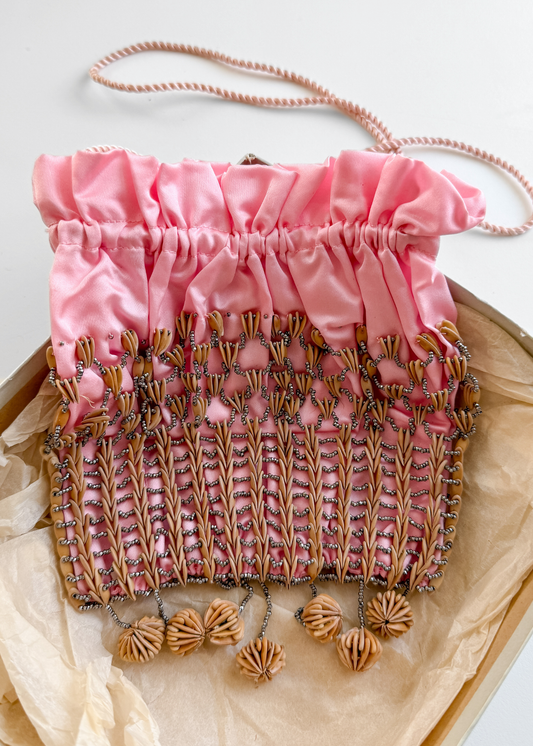 Vintage 20s-40s Pink Satin Beaded Drawstring Evening Bag Wood Bead Fringe Purse