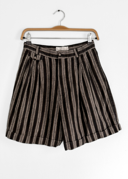 Vintage Casual Corner Striped Cotton Linen High Waist Tailored Summer Shorts