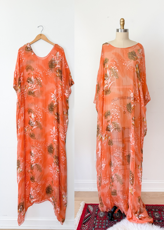 Vintage Hand Made Peach Coral Silk Kaftan Maxi Ethereal Boho Dress