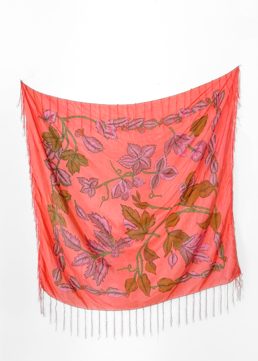 Vintage Bila Coral Botanical Print Fringe Large Scarf
