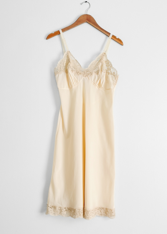 Vintage 80s Union Made Lady Lynne Cream Silky Lace Trim Slip Dress (M)