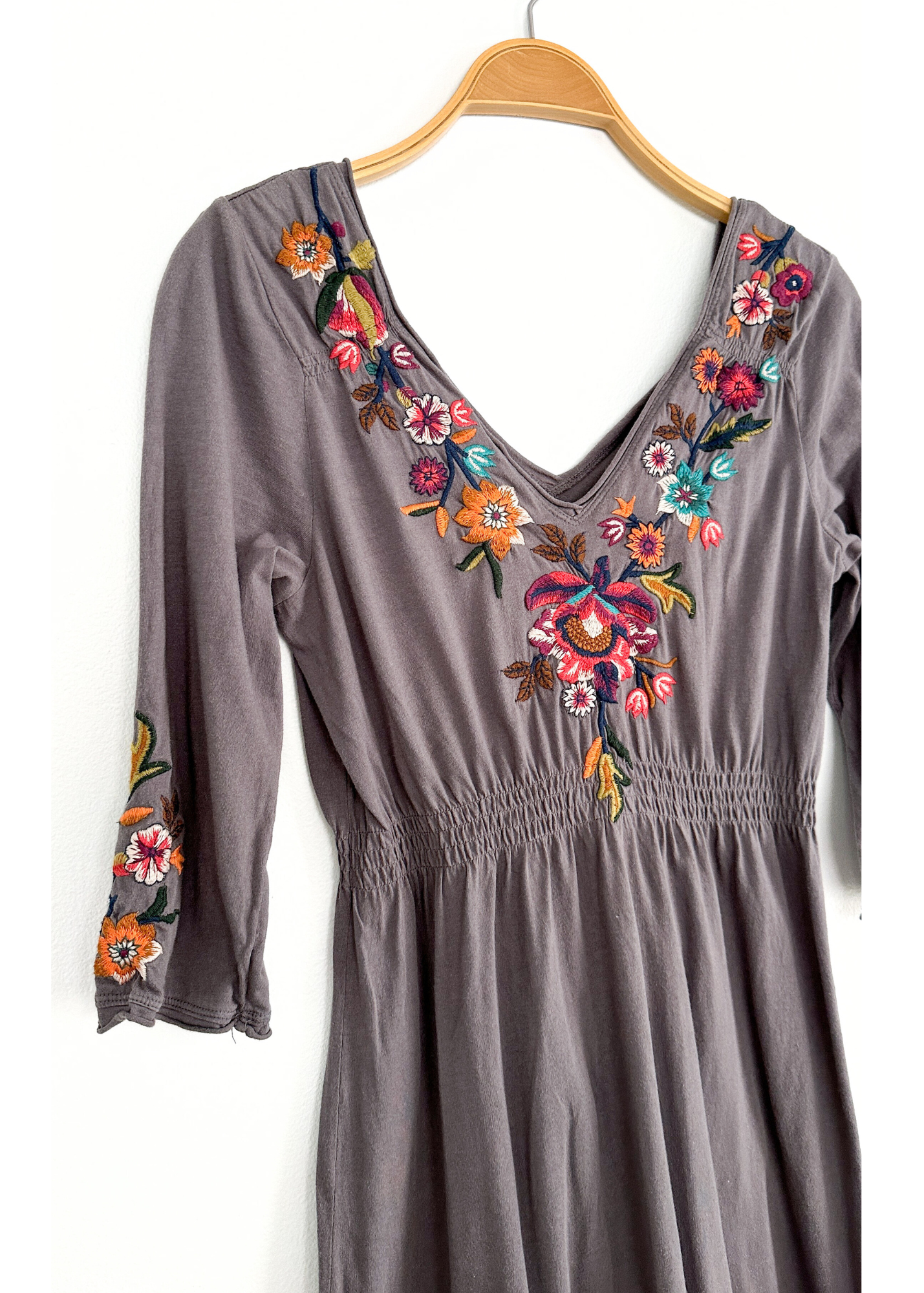 Johnny Was Gray Floral Embroidered Elbow Length Sleeve Dress (S)