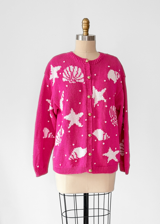 Vintage 1991 The Eagle Eye Pink White Sea Shell Coastal Handknit Cardigan (M)