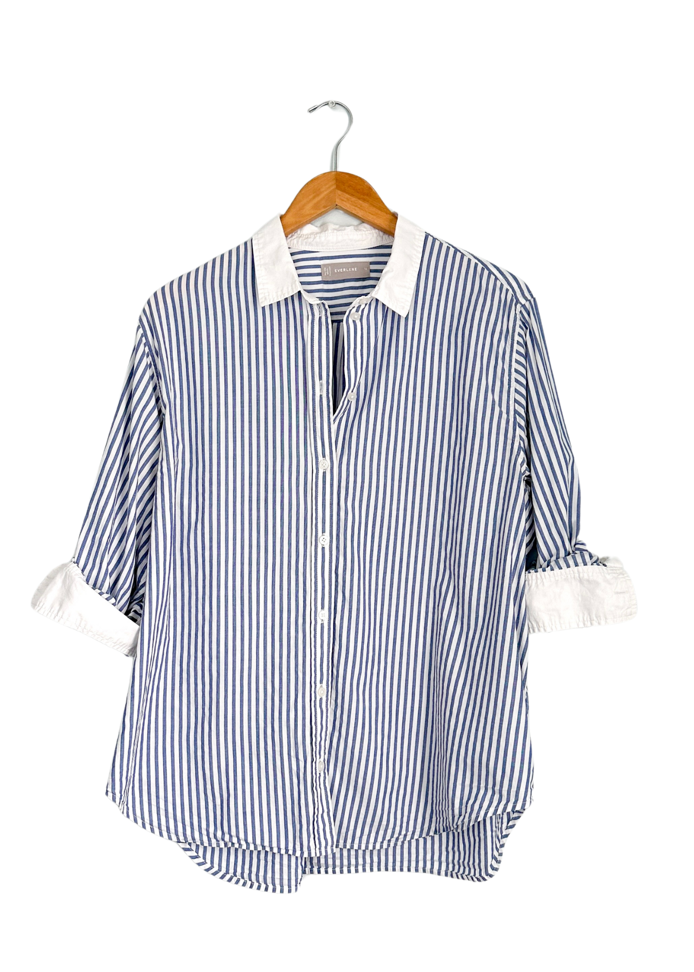 Everlane Must-Have Silky Cotton Mariner Blue and White Stripe Button Down Top (16)