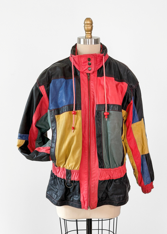 Vintage 80s 90s Adler Leather Colorful Patchwork Coat (M)