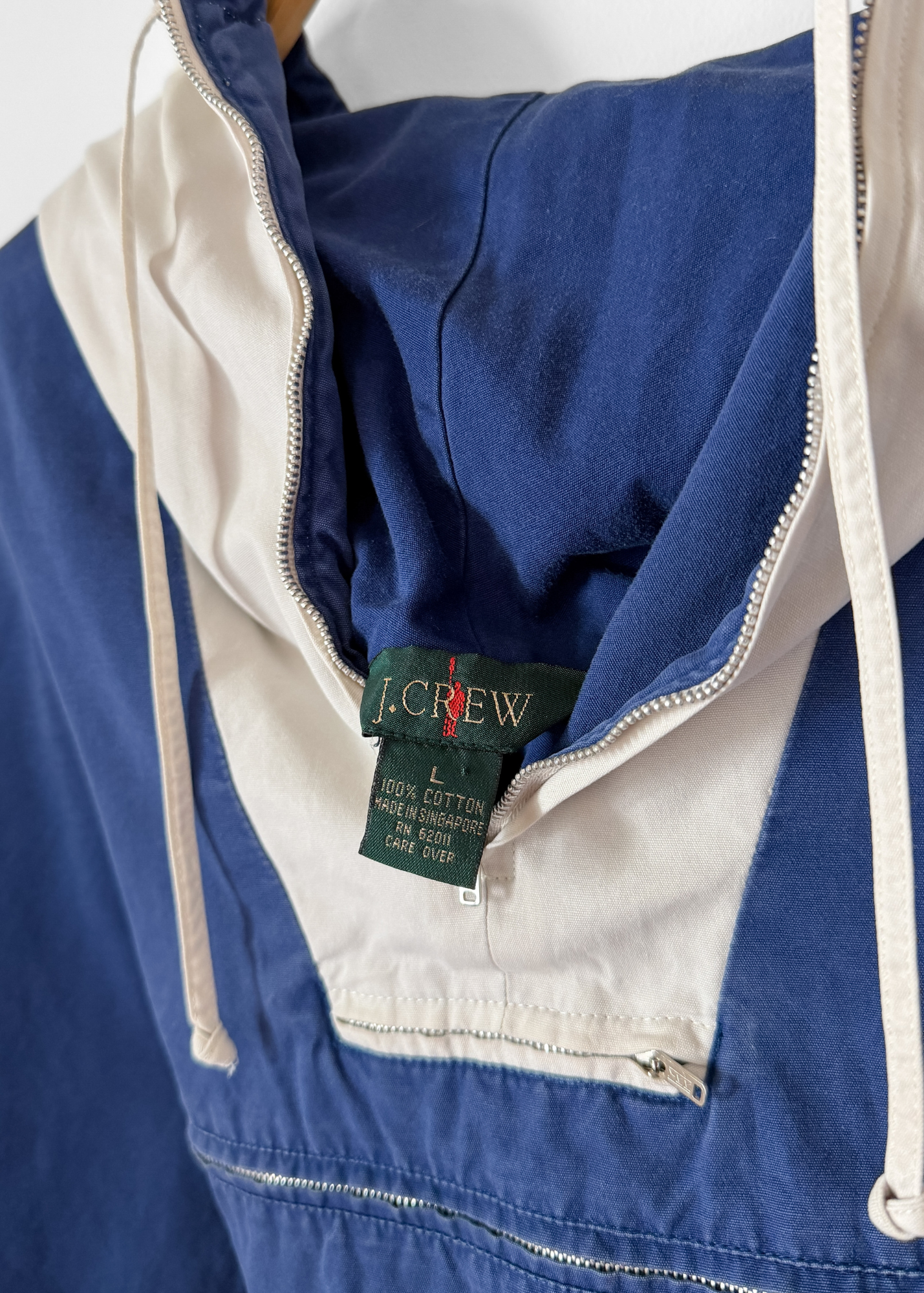 Vintage 90s J.Crew Navy White Two-Tone Anorak Windbreaker Prep Jacket (L)