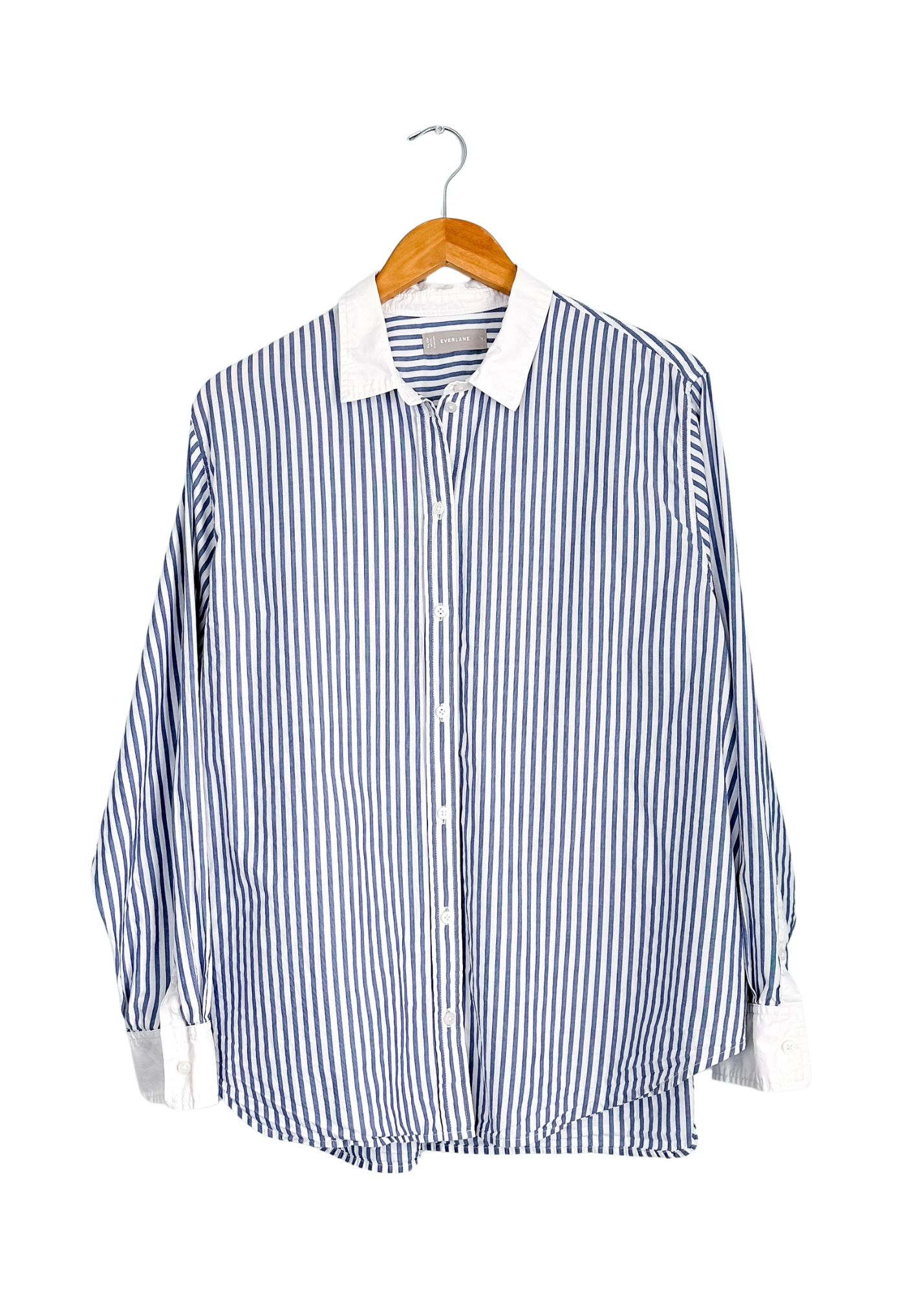 Everlane Must-Have Silky Cotton Mariner Blue and White Stripe Button Down Top (16)