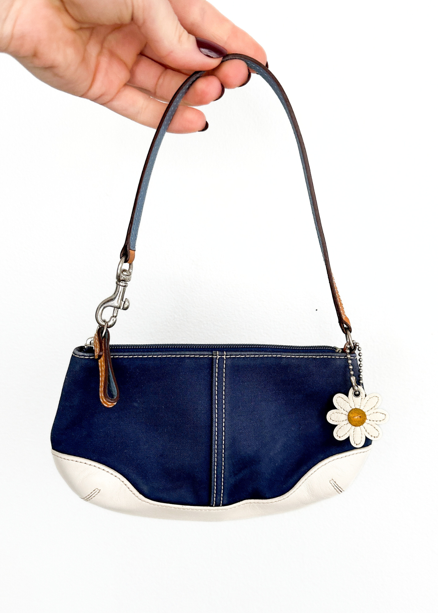 Coach Navy & White Small Purse Wristlet with Daisy Charm Keychain