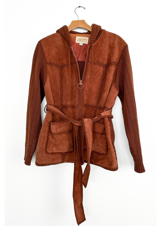 Vintage 1970s Brown Suede Patchwork and Knit Belted Jacket (L)