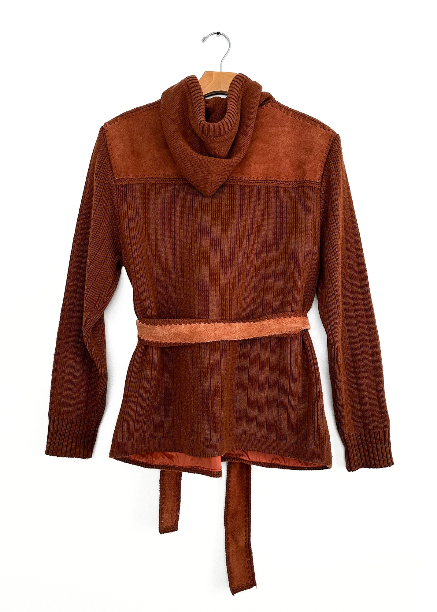 Vintage 1970s Brown Suede Patchwork and Knit Belted Jacket (L)