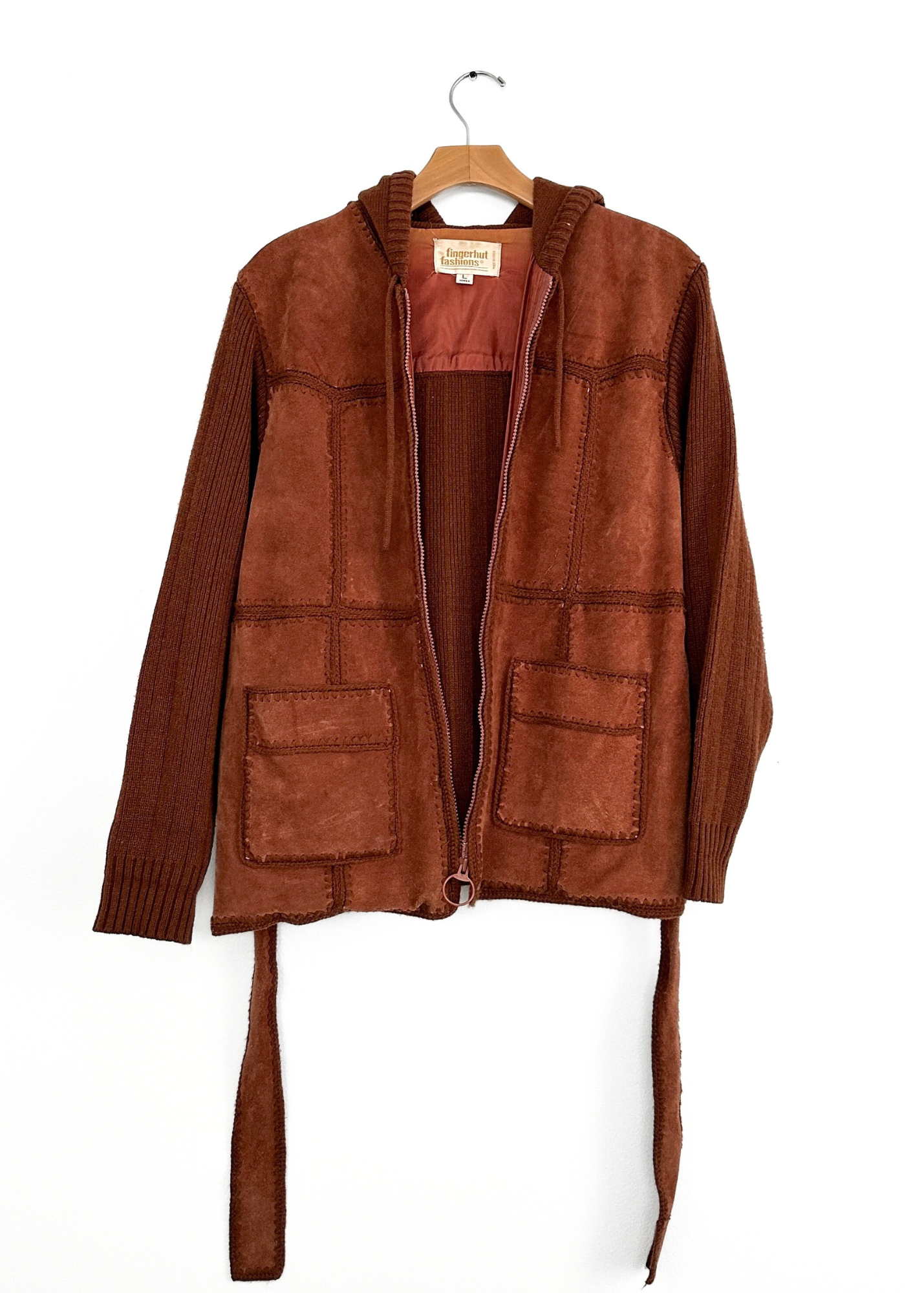 Vintage 1970s Brown Suede Patchwork and Knit Belted Jacket (L)