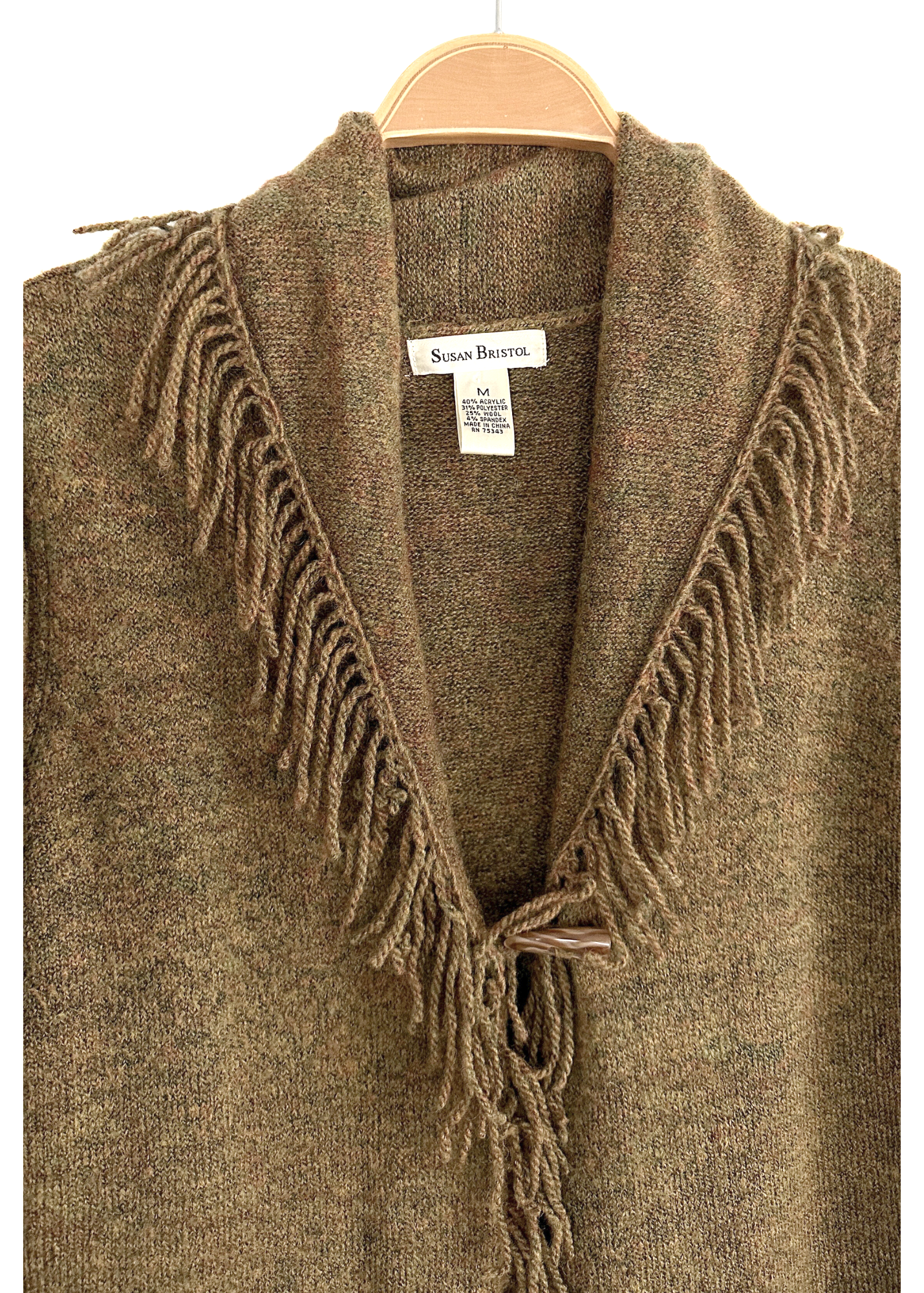 Susan Bristol Green Fringe Single Button Long Cardigan (M)