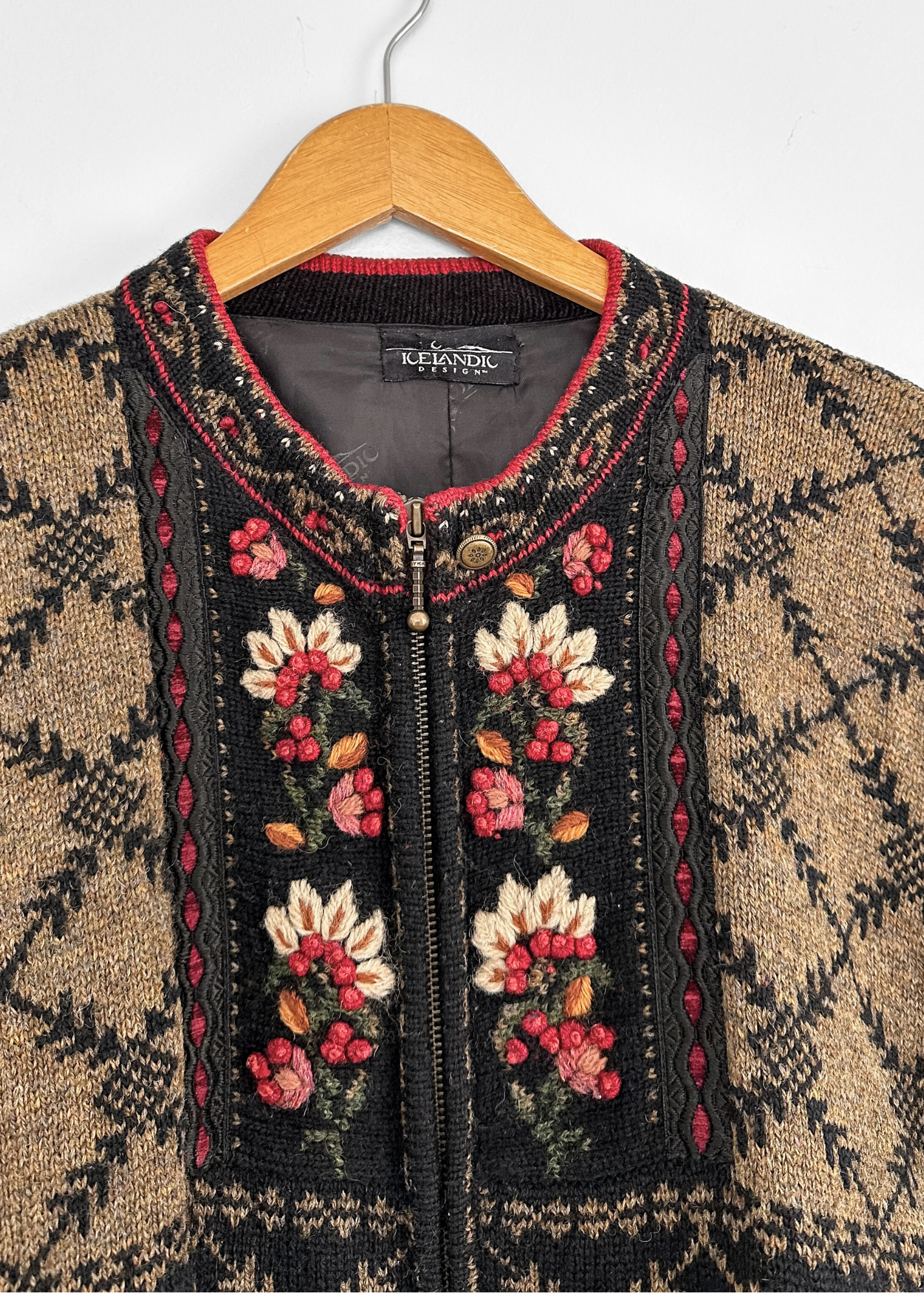 Icelandic Designs Brown & Black Floral Embroidered Wool Zip Knit Jacket Sweater (XL)