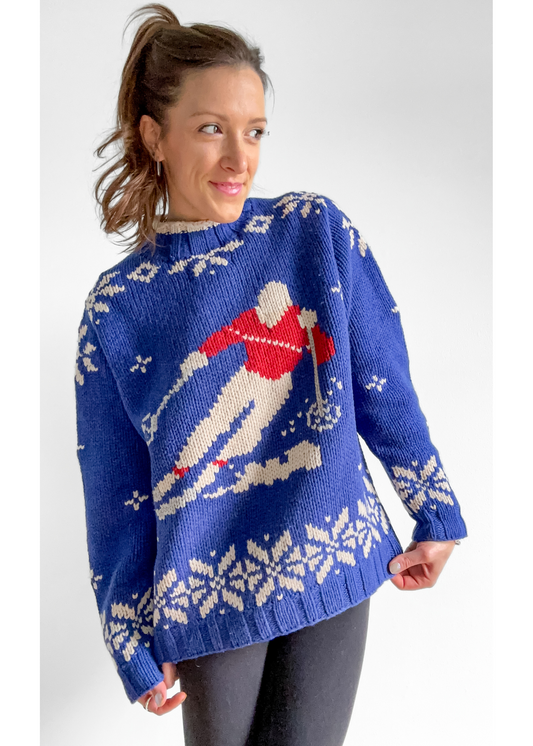 Lands' End Blue Lambswool Ski Novelty Chunky Knit Sweater (L)