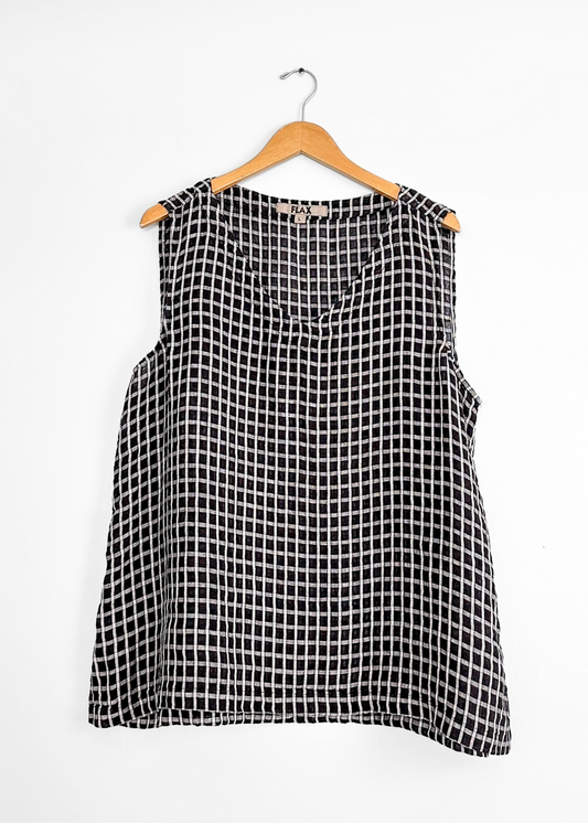FLAX Black and White Check Linen Flowy V-Neck Sleeveless Top (L)