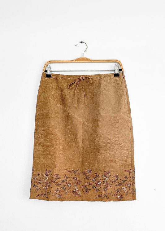 NEW Vintage 00s Express Brown Butterfly Embossed Suede Leather Skirt (S/M)