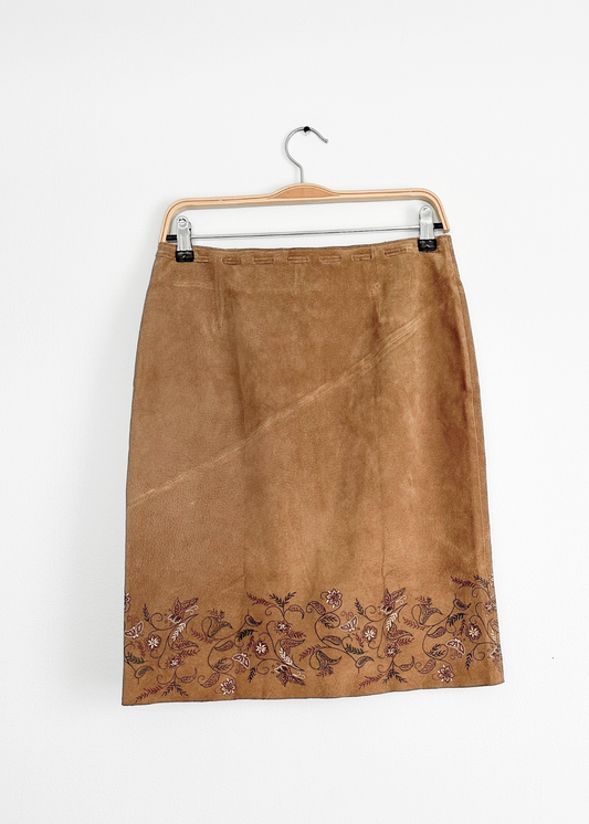 NEW Vintage 00s Express Brown Butterfly Embossed Suede Leather Skirt (S/M)