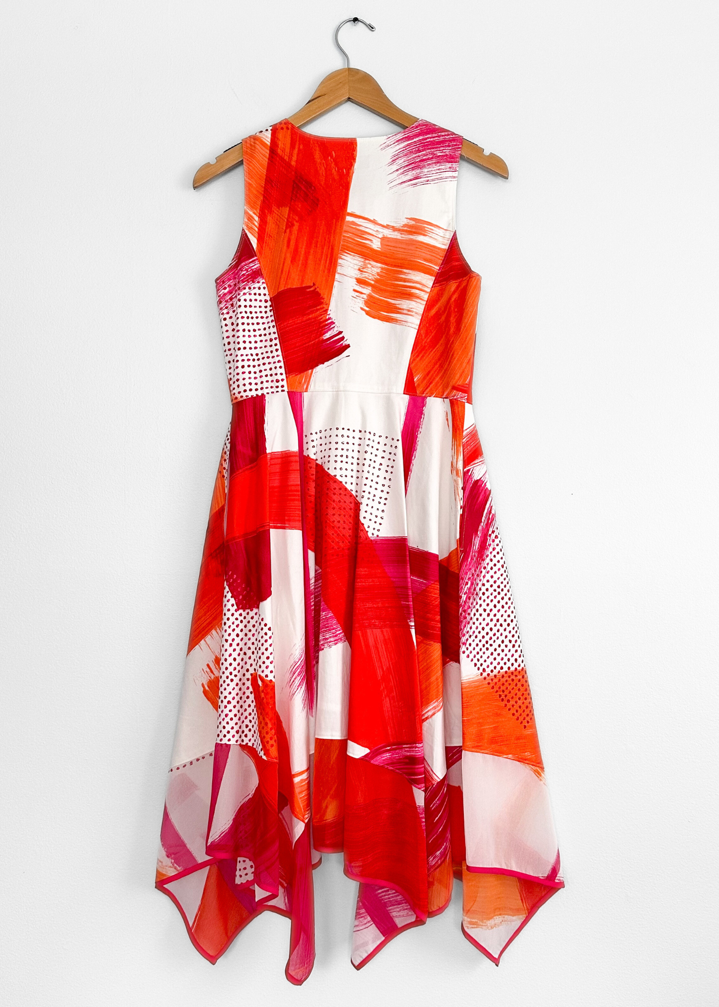 Donna Karan Pink and Orange Abstract Handkerchief Hem Zip Front Dress (4)