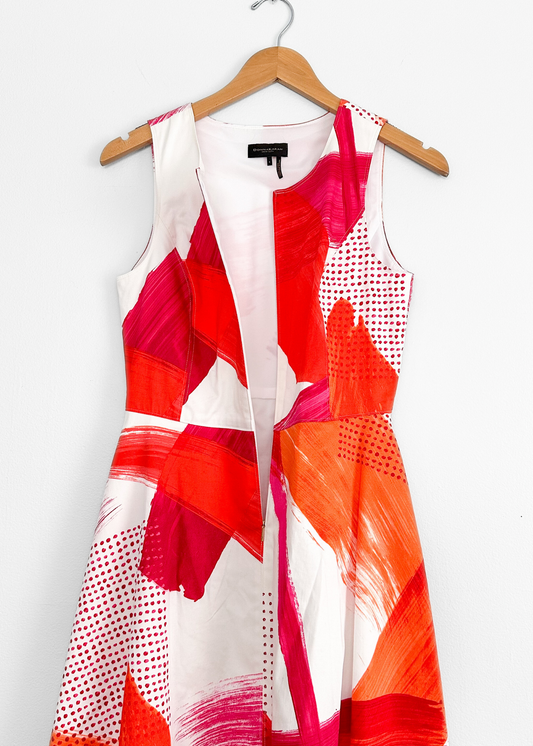 Donna Karan Pink and Orange Abstract Handkerchief Hem Zip Front Dress (4)