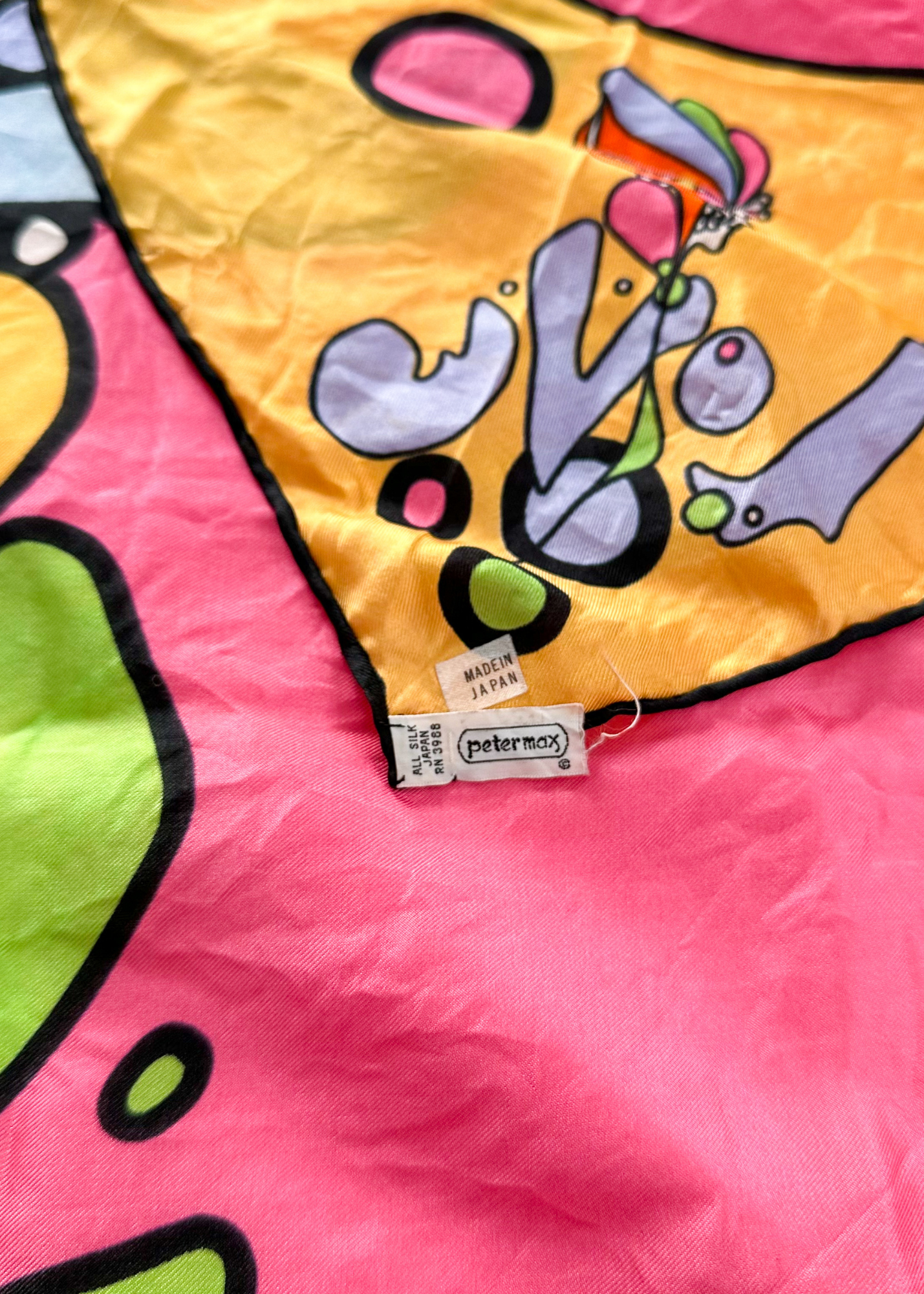Vintage 60s Peter Max LOVE Pop Art Silk Scarf 26" x 26" made in Japan