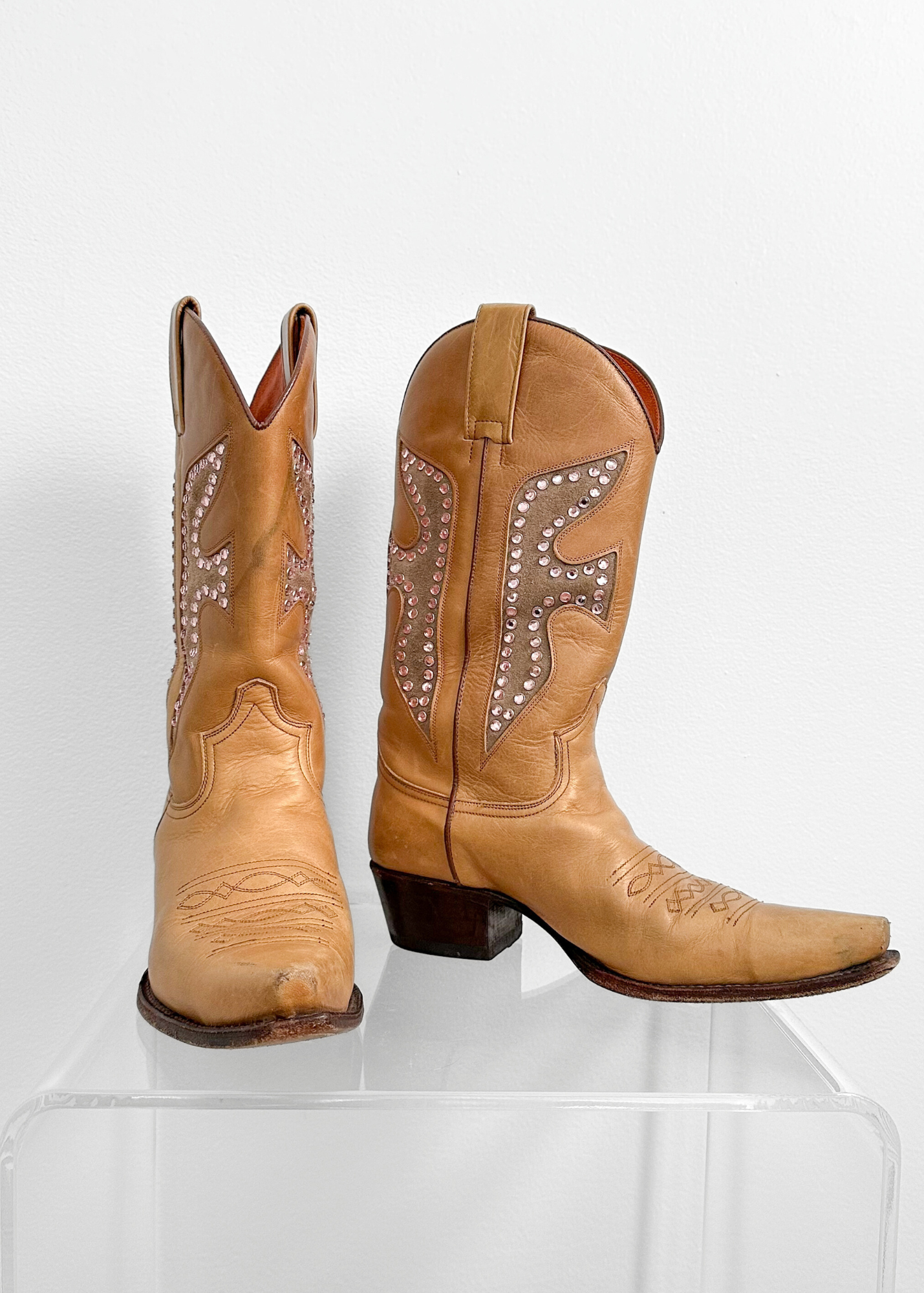 Vintage Frye Daisy Duke Tan Brown Leather Pink Crystal Studded Cowboy Boots (9)