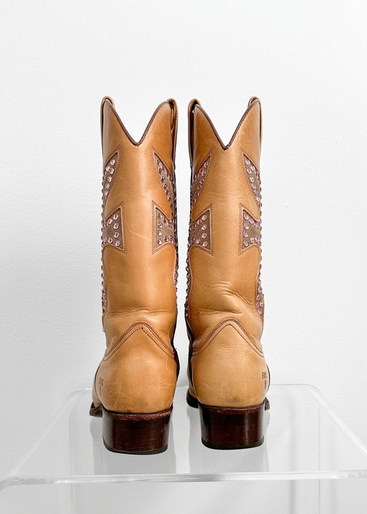 Vintage Frye Daisy Duke Tan Brown Leather Pink Crystal Studded Cowboy Boots (9)