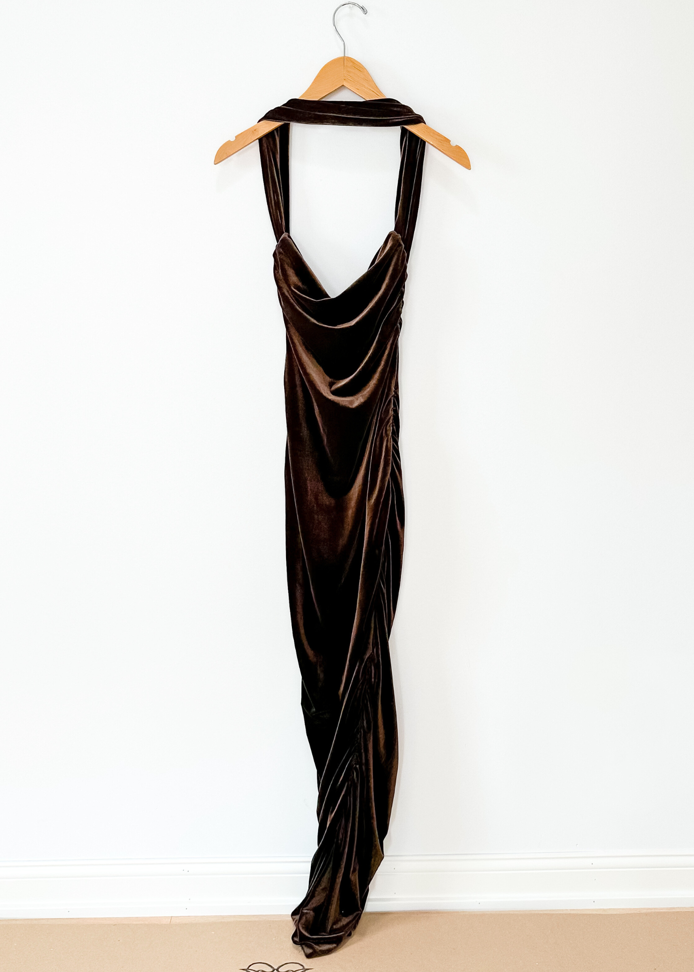 Vintage 90s Hugo Buscati Brown Velvet Ruched Halter Dress