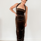 Vintage 90s Hugo Buscati Brown Velvet Ruched Halter Dress