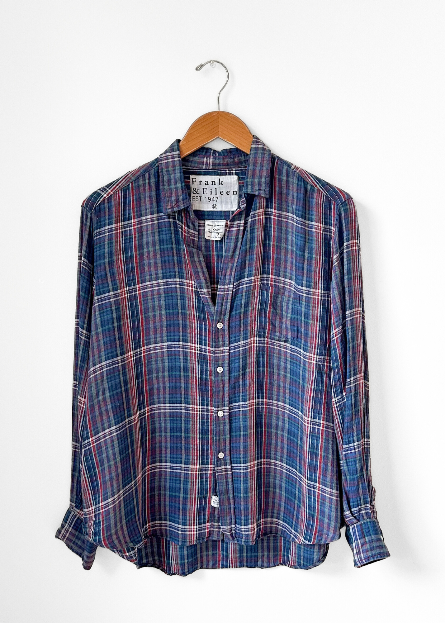 Frank & Eileen Italian Cotton Blue Plaid Relaxed Button Down Top (M)